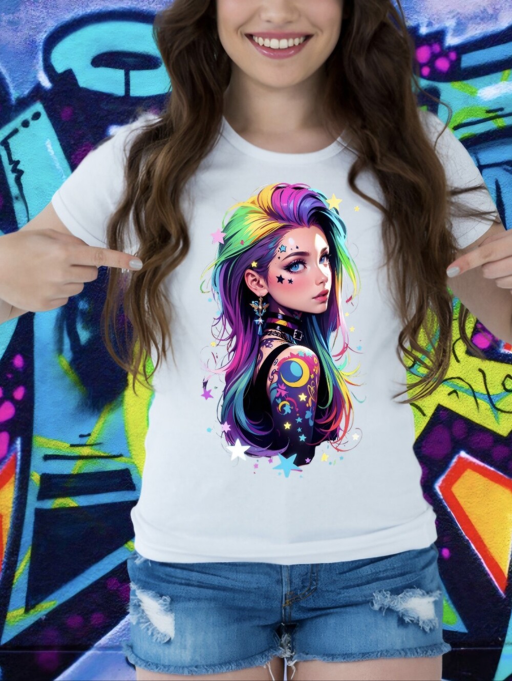 Luxury Neon Anime Rainbow Baddie Streetwear Graphic Tee - Size L